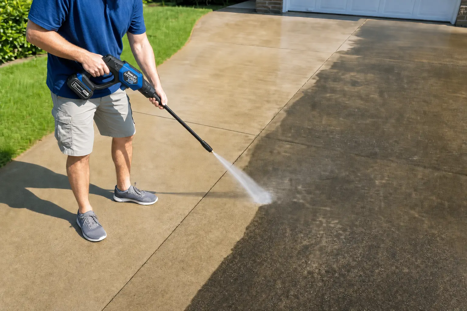 Pressure washer being used to clean a concrete driveway showing before and after results