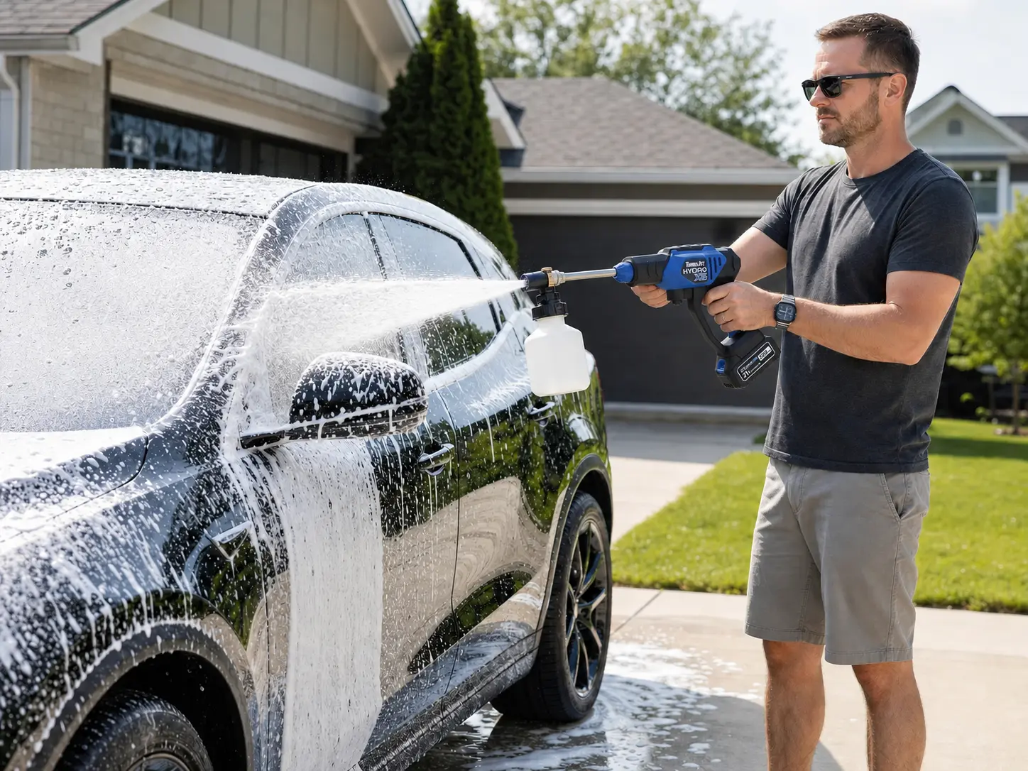 Person using a cordless pressure washer with foam cannon to wash a car in a residential driveway
