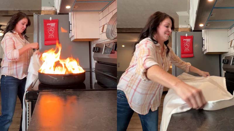 Prepared Hero fire blanket covering a full stovetop pan